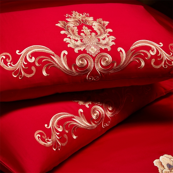 91家纺网 家纺一手货源 找家纺 红番天婚庆 （控价）2025新款全棉新中式刺绣款婚庆四件套多件套 春色盎然