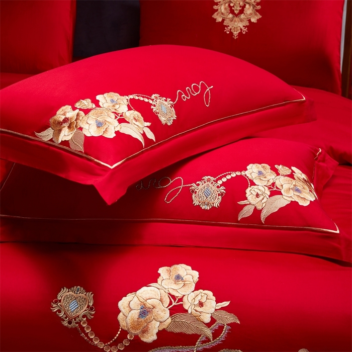 91家纺网 家纺一手货源 找家纺 红番天婚庆 （控价）2025新款全棉新中式刺绣款婚庆四件套多件套 春色盎然