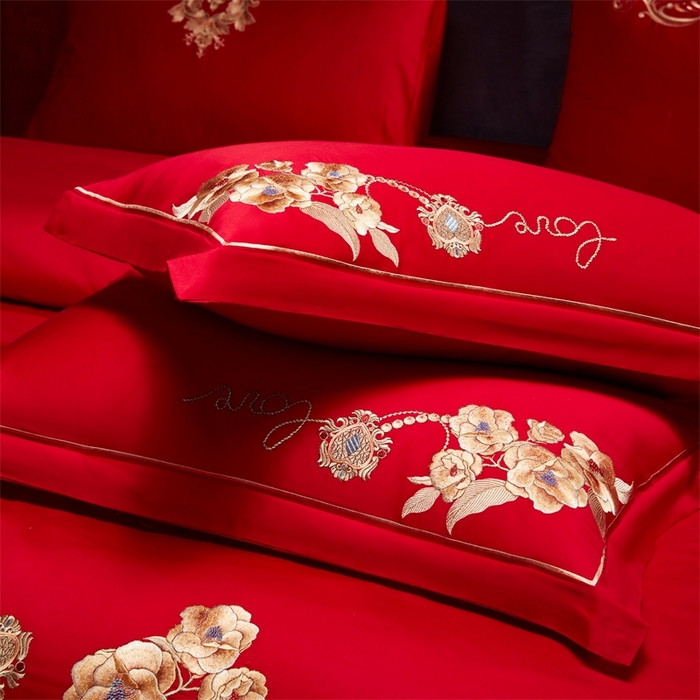 91家纺网 家纺一手货源 找家纺 红番天婚庆 （控价）2025新款全棉新中式刺绣款婚庆四件套多件套 春色盎然