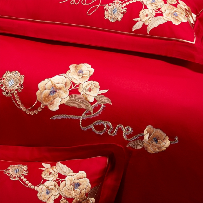 91家纺网 家纺一手货源 找家纺 红番天婚庆 （控价）2025新款全棉新中式刺绣款婚庆四件套多件套 春色盎然