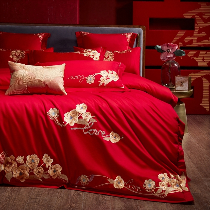 91家纺网 家纺一手货源 找家纺 红番天婚庆 （控价）2025新款全棉新中式刺绣款婚庆四件套多件套 春色盎然