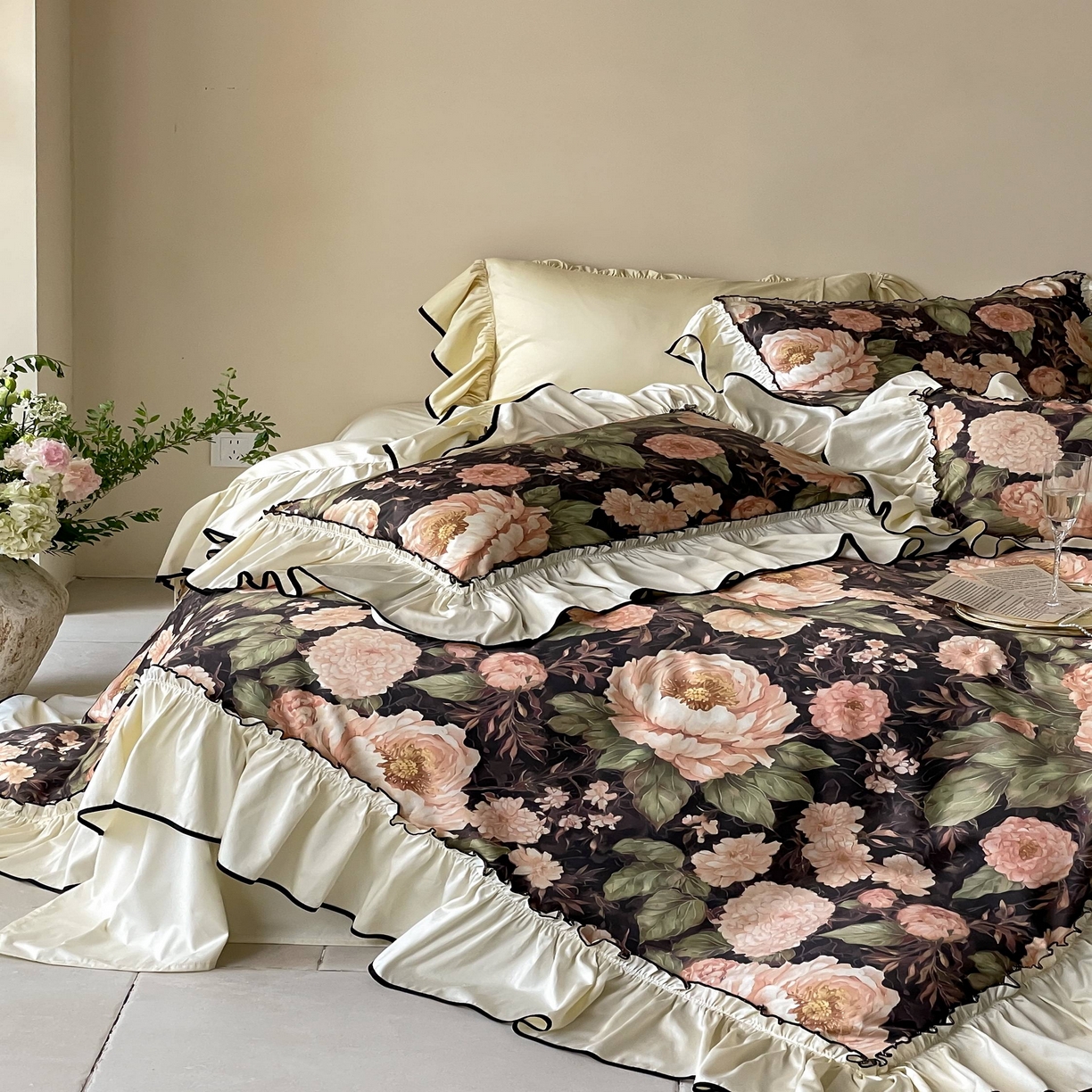 91家纺网 家纺一手货源 找家纺 优然居家纺 2025新款50支全棉纯棉印花法式双头木耳边四件套 薇薇安