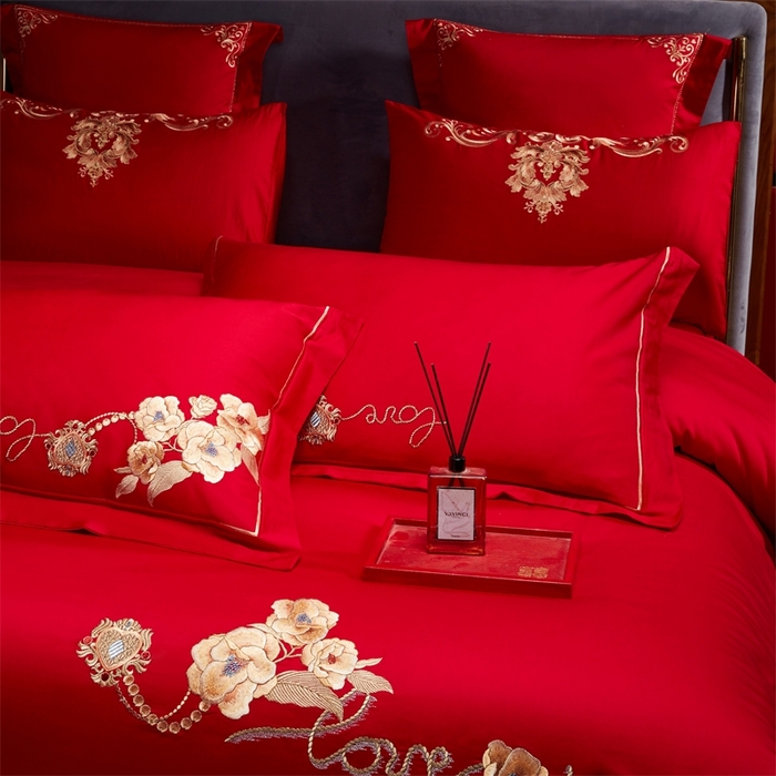 91家纺网 家纺一手货源 找家纺 红番天婚庆 （控价）2025新款全棉新中式刺绣款婚庆四件套多件套 春色盎然
