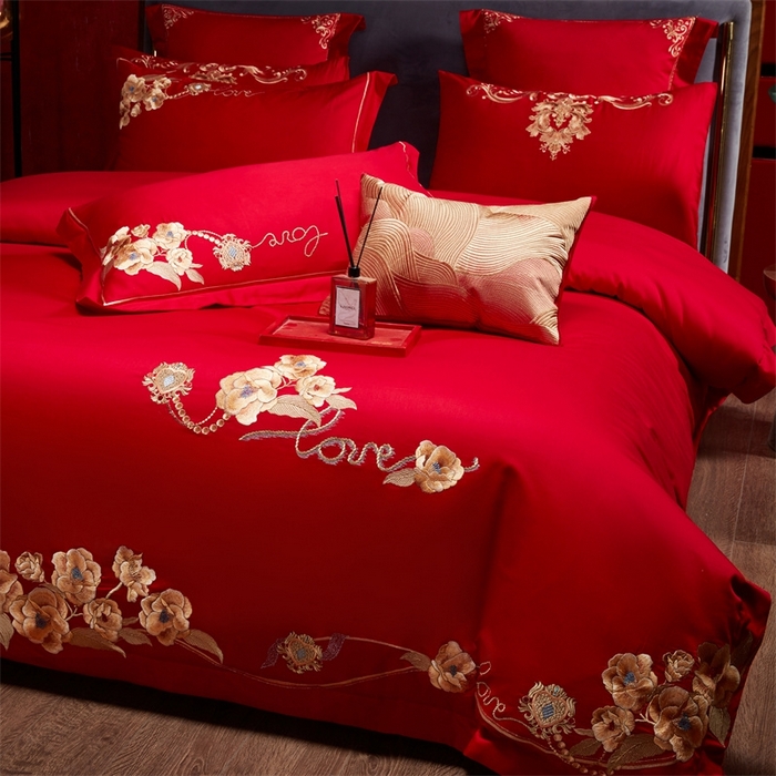 91家纺网 家纺一手货源 找家纺 红番天婚庆 （控价）2025新款全棉新中式刺绣款婚庆四件套多件套 春色盎然