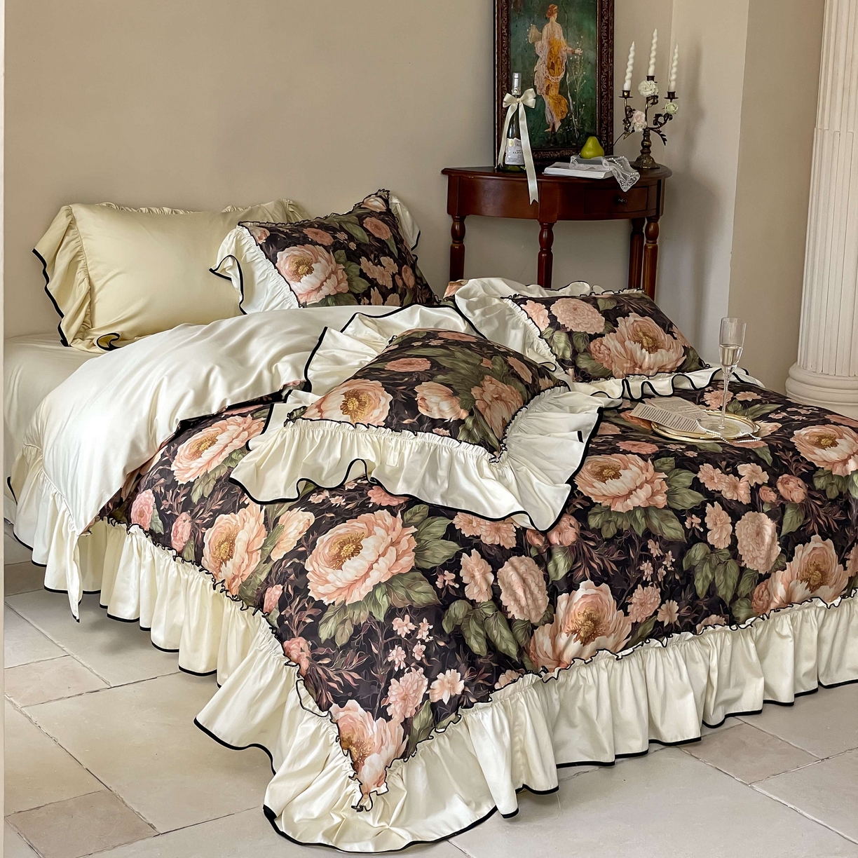 91家纺网 家纺一手货源 找家纺 优然居家纺 2025新款50支全棉纯棉印花法式双头木耳边四件套 薇薇安