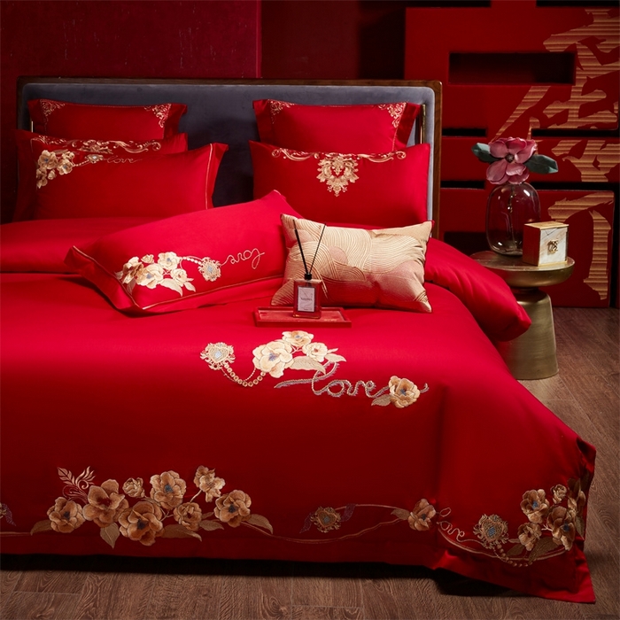 91家纺网 家纺一手货源 找家纺 红番天婚庆 （控价）2025新款全棉新中式刺绣款婚庆四件套多件套 春色盎然