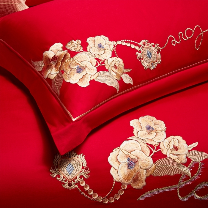 91家纺网 家纺一手货源 找家纺 红番天婚庆 （控价）2025新款全棉新中式刺绣款婚庆四件套多件套 春色盎然