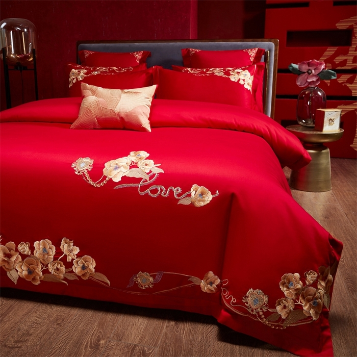 91家纺网 家纺一手货源 找家纺 红番天婚庆 （控价）2025新款全棉新中式刺绣款婚庆四件套多件套 春色盎然