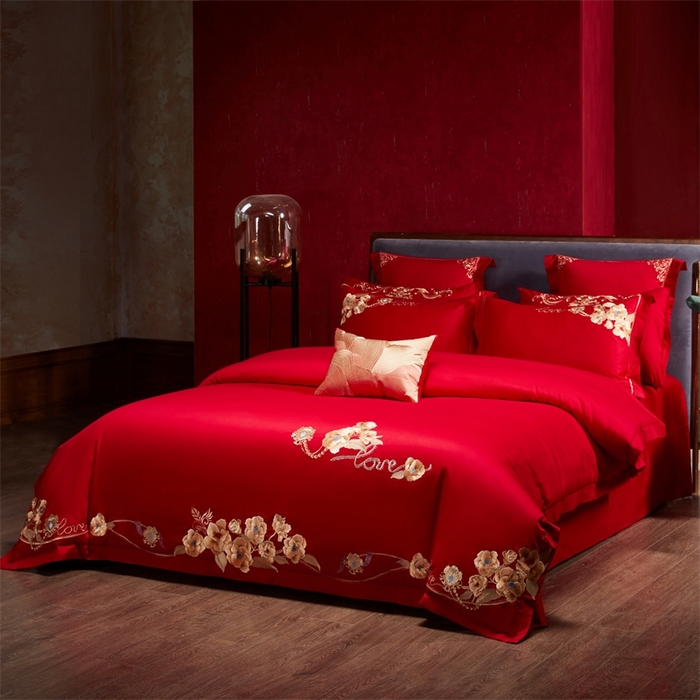 91家纺网 家纺一手货源 找家纺 红番天婚庆 （控价）2025新款全棉新中式刺绣款婚庆四件套多件套 春色盎然