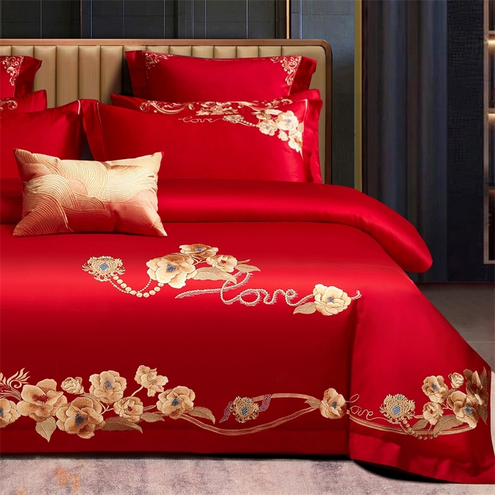 91家纺网 家纺一手货源 找家纺 红番天婚庆 （控价）2025新款全棉新中式刺绣款婚庆四件套多件套 春色盎然