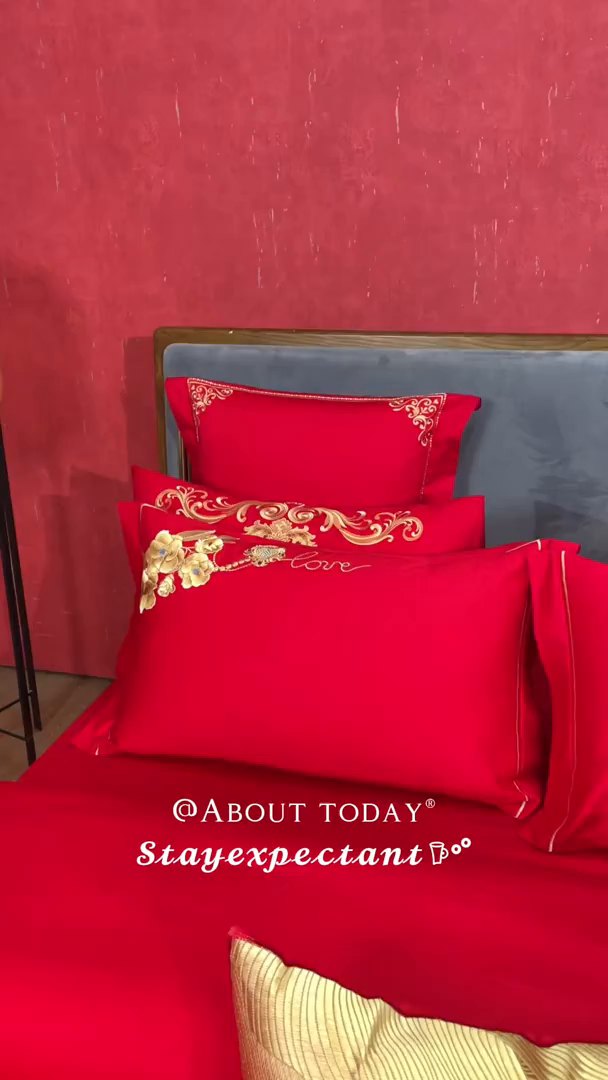 91家纺网 家纺一手货源 找家纺 红番天婚庆 （控价）2025新款全棉新中式刺绣款婚庆四件套多件套 春色盎然