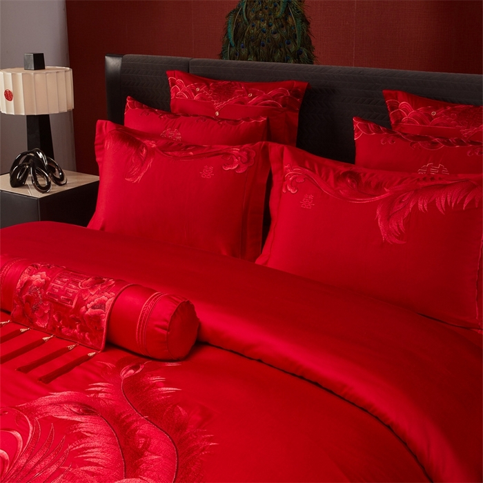 91家纺网 家纺一手货源 找家纺 红番天婚庆 （控价）2025新款全棉新中式刺绣款婚庆四件套多件套 凤舞龙跃-红