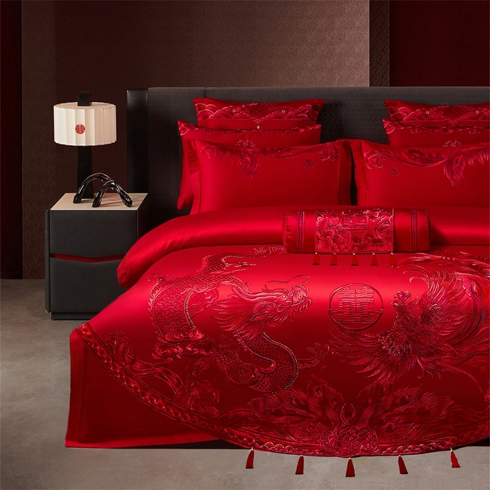 91家纺网 家纺一手货源 找家纺 红番天婚庆 （控价）2025新款全棉新中式刺绣款婚庆四件套多件套 凤舞龙跃-红