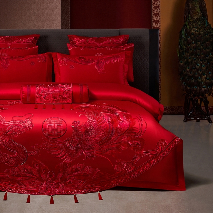 91家纺网 家纺一手货源 找家纺 红番天婚庆 （控价）2025新款全棉新中式刺绣款婚庆四件套多件套 凤舞龙跃-红