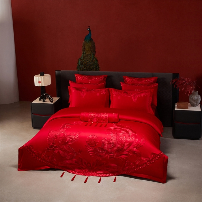 91家纺网 家纺一手货源 找家纺 红番天婚庆 （控价）2025新款全棉新中式刺绣款婚庆四件套多件套 凤舞龙跃-红