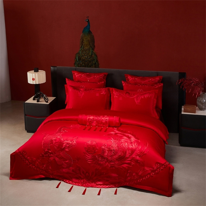 91家纺网 家纺一手货源 找家纺 红番天婚庆 （控价）2025新款全棉新中式刺绣款婚庆四件套多件套 凤舞龙跃-红