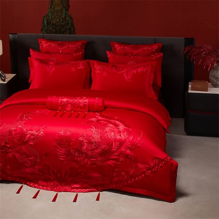 91家纺网 家纺一手货源 找家纺 红番天婚庆 （控价）2025新款全棉新中式刺绣款婚庆四件套多件套 凤舞龙跃-红