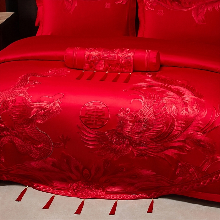 91家纺网 家纺一手货源 找家纺 红番天婚庆 （控价）2025新款全棉新中式刺绣款婚庆四件套多件套 凤舞龙跃-红