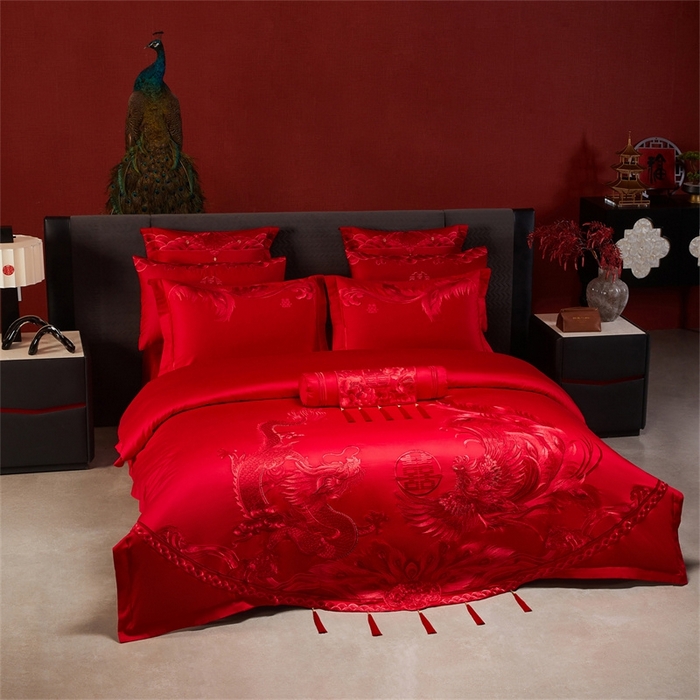 91家纺网 家纺一手货源 找家纺 红番天婚庆 （控价）2025新款全棉新中式刺绣款婚庆四件套多件套 凤舞龙跃-红