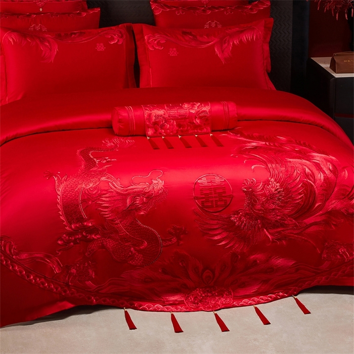 91家纺网 家纺一手货源 找家纺 红番天婚庆 （控价）2025新款全棉新中式刺绣款婚庆四件套多件套 凤舞龙跃-红