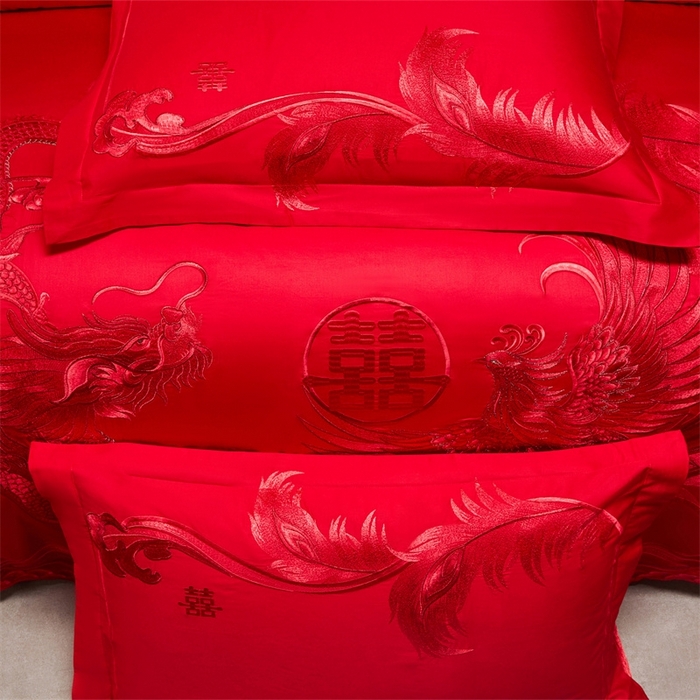 91家纺网 家纺一手货源 找家纺 红番天婚庆 （控价）2025新款全棉新中式刺绣款婚庆四件套多件套 凤舞龙跃-红