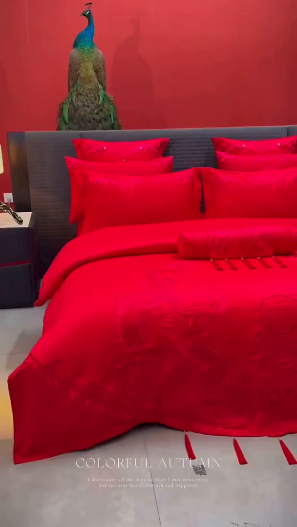 91家纺网 家纺一手货源 找家纺 红番天婚庆 （控价）2025新款全棉新中式刺绣款婚庆四件套多件套 凤舞龙跃-红