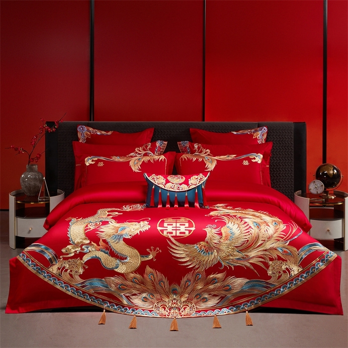 91家纺网 家纺一手货源 找家纺 红番天婚庆 （控价）2025新款全棉新中式刺绣款婚庆四件套多件套 凤舞龙跃金