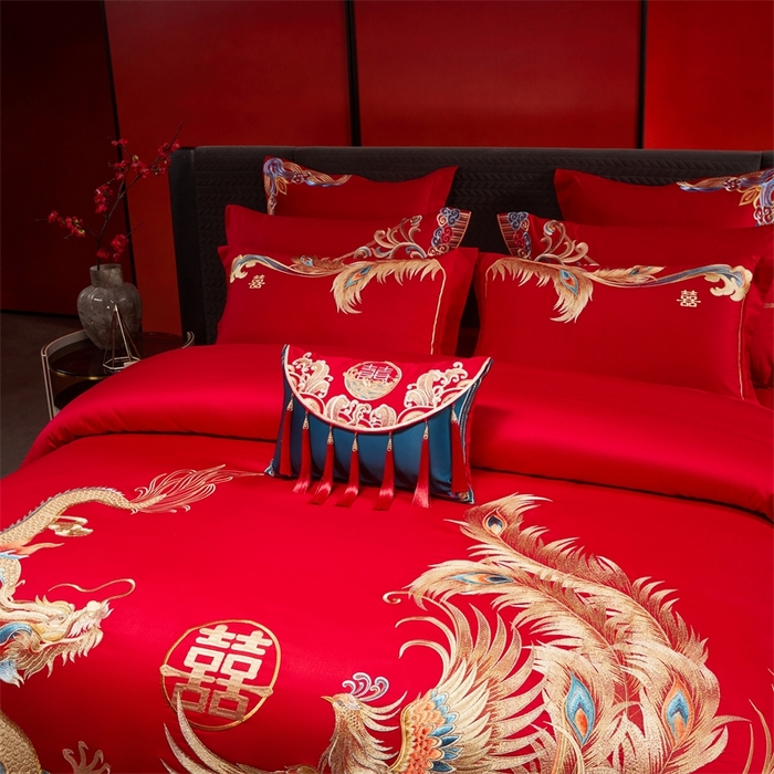 91家纺网 家纺一手货源 找家纺 红番天婚庆 （控价）2025新款全棉新中式刺绣款婚庆四件套多件套 凤舞龙跃金