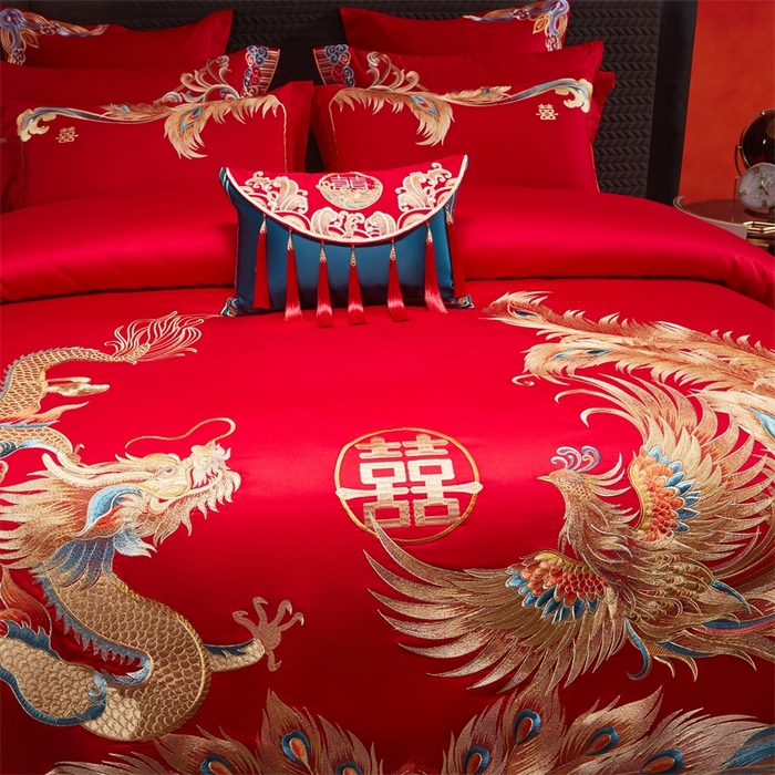 91家纺网 家纺一手货源 找家纺 红番天婚庆 （控价）2025新款全棉新中式刺绣款婚庆四件套多件套 凤舞龙跃金
