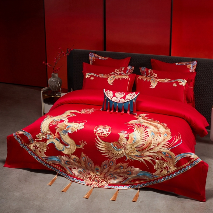 91家纺网 家纺一手货源 找家纺 红番天婚庆 （控价）2025新款全棉新中式刺绣款婚庆四件套多件套 凤舞龙跃金