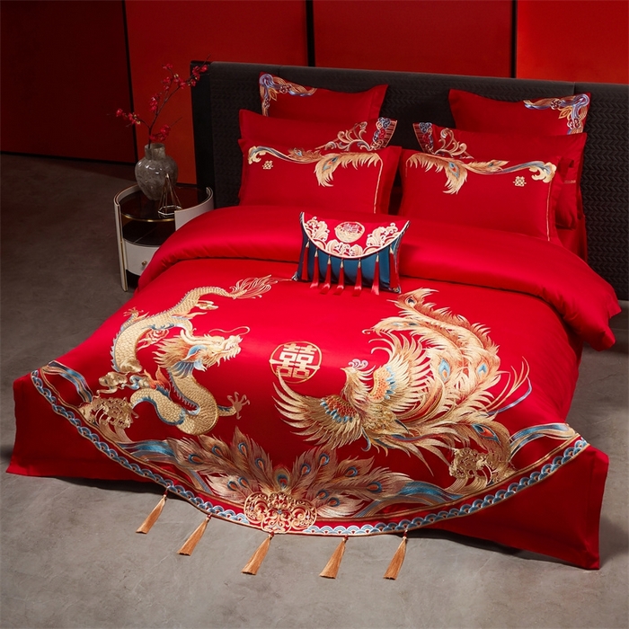 91家纺网 家纺一手货源 找家纺 红番天婚庆 （控价）2025新款全棉新中式刺绣款婚庆四件套多件套 凤舞龙跃金