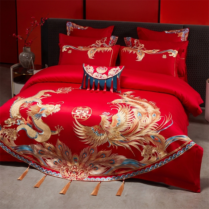 91家纺网 家纺一手货源 找家纺 红番天婚庆 （控价）2025新款全棉新中式刺绣款婚庆四件套多件套 凤舞龙跃金