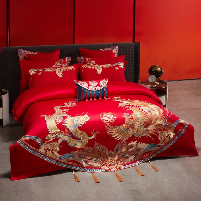 91家纺网 家纺一手货源 找家纺 红番天婚庆 （控价）2025新款全棉新中式刺绣款婚庆四件套多件套 凤舞龙跃金