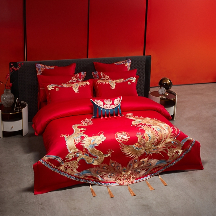 91家纺网 家纺一手货源 找家纺 红番天婚庆 （控价）2025新款全棉新中式刺绣款婚庆四件套多件套 凤舞龙跃金