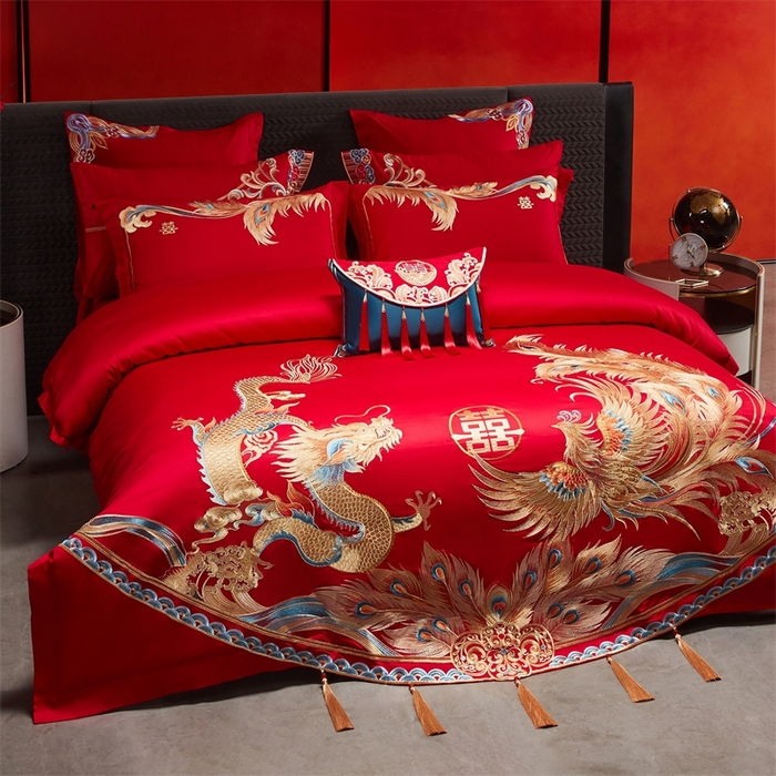 91家纺网 家纺一手货源 找家纺 红番天婚庆 （控价）2025新款全棉新中式刺绣款婚庆四件套多件套 凤舞龙跃金