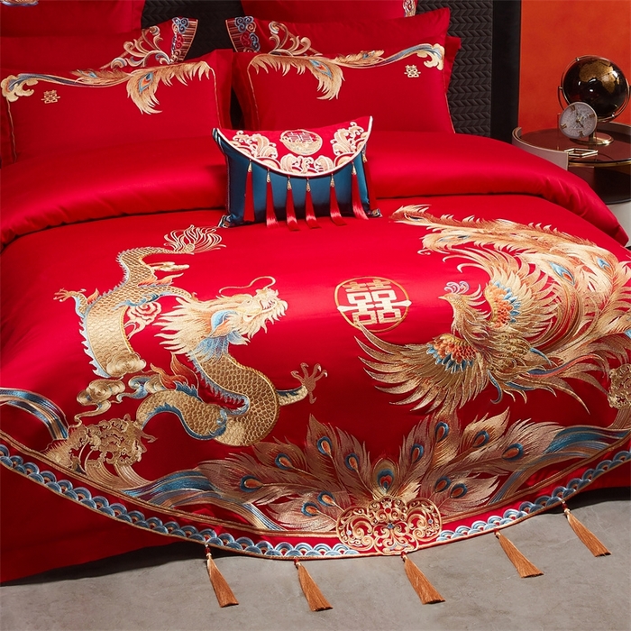 91家纺网 家纺一手货源 找家纺 红番天婚庆 （控价）2025新款全棉新中式刺绣款婚庆四件套多件套 凤舞龙跃金