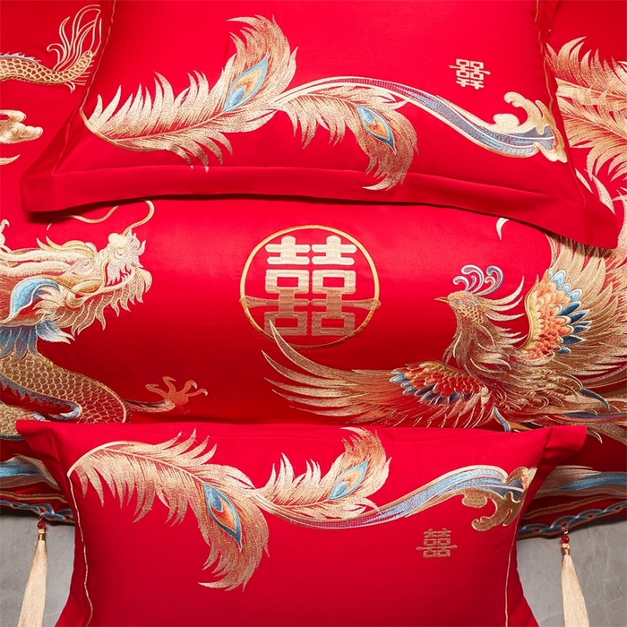 91家纺网 家纺一手货源 找家纺 红番天婚庆 （控价）2025新款全棉新中式刺绣款婚庆四件套多件套 凤舞龙跃金