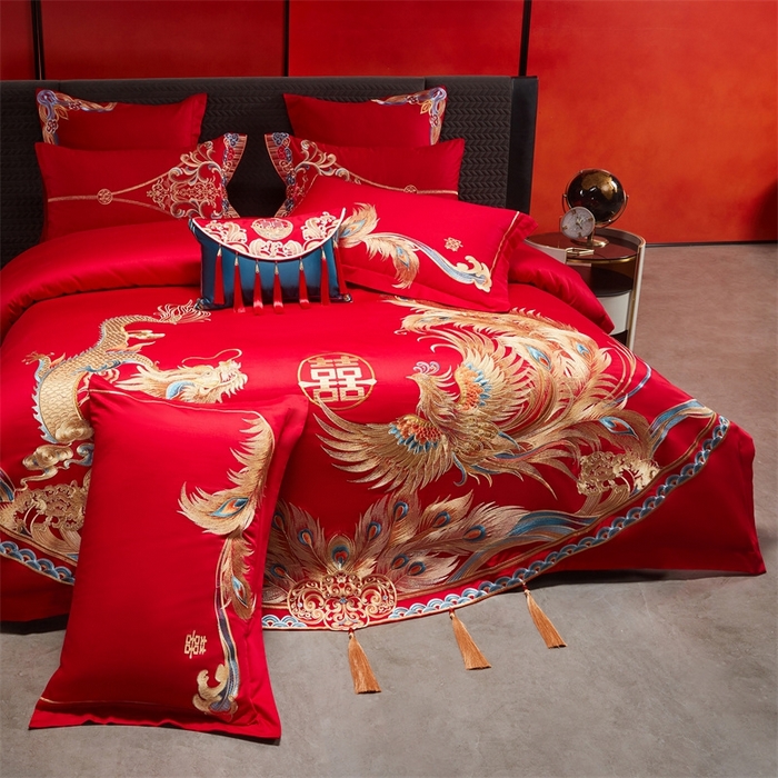 91家纺网 家纺一手货源 找家纺 红番天婚庆 （控价）2025新款全棉新中式刺绣款婚庆四件套多件套 凤舞龙跃金