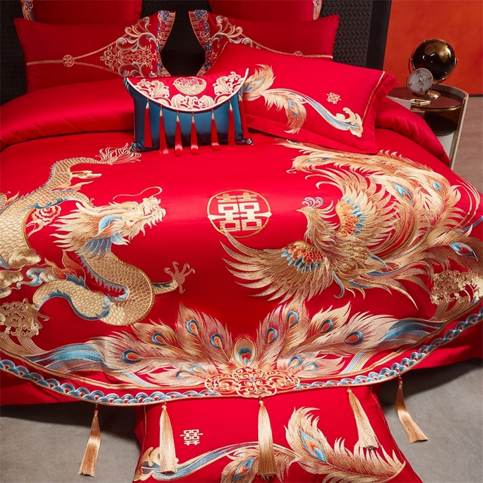 91家纺网 家纺一手货源 找家纺 红番天婚庆 （控价）2025新款全棉新中式刺绣款婚庆四件套多件套 凤舞龙跃金
