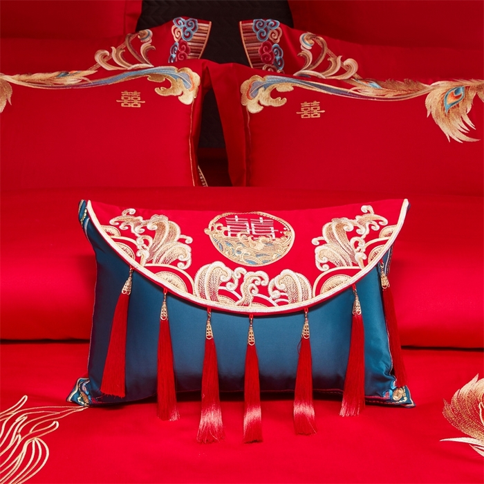 91家纺网 家纺一手货源 找家纺 红番天婚庆 （控价）2025新款全棉新中式刺绣款婚庆四件套多件套 凤舞龙跃金