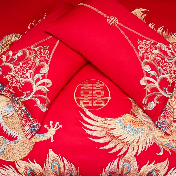 91家纺网 家纺一手货源 找家纺 红番天婚庆 （控价）2025新款全棉新中式刺绣款婚庆四件套多件套 凤舞龙跃金
