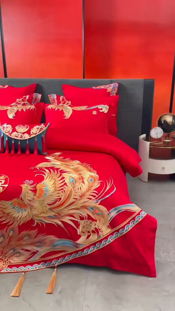91家纺网 家纺一手货源 找家纺 红番天婚庆 （控价）2025新款全棉新中式刺绣款婚庆四件套多件套 凤舞龙跃金