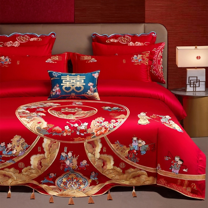 91家纺网 家纺一手货源 找家纺 红番天婚庆 （控价）2025新款全棉新中式刺绣款婚庆四件套多件套 福瑞百子