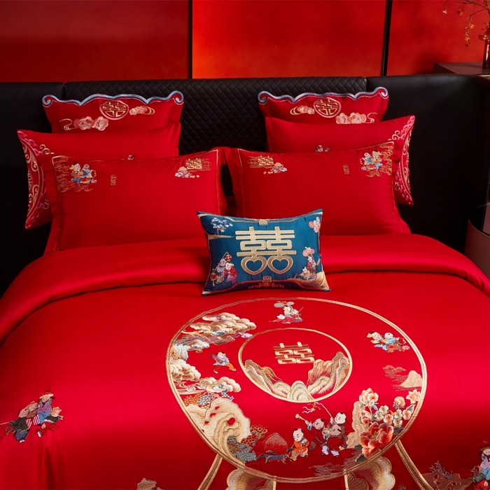 91家纺网 家纺一手货源 找家纺 红番天婚庆 （控价）2025新款全棉新中式刺绣款婚庆四件套多件套 福瑞百子