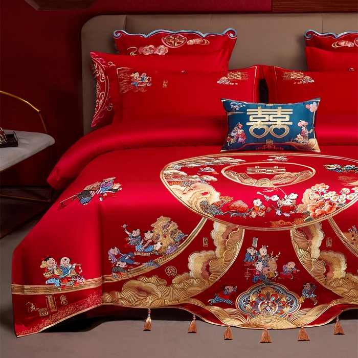 91家纺网 家纺一手货源 找家纺 红番天婚庆 （控价）2025新款全棉新中式刺绣款婚庆四件套多件套 福瑞百子