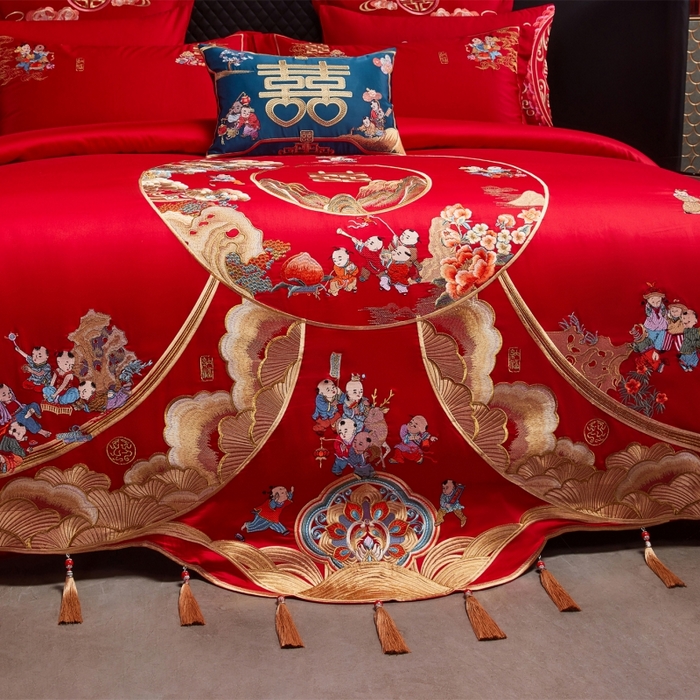 91家纺网 家纺一手货源 找家纺 红番天婚庆 （控价）2025新款全棉新中式刺绣款婚庆四件套多件套 福瑞百子
