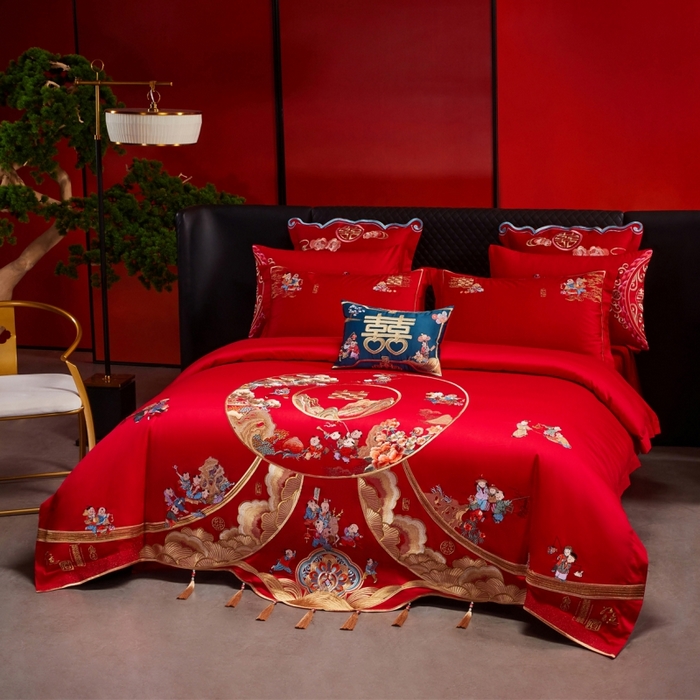 91家纺网 家纺一手货源 找家纺 红番天婚庆 （控价）2025新款全棉新中式刺绣款婚庆四件套多件套 福瑞百子