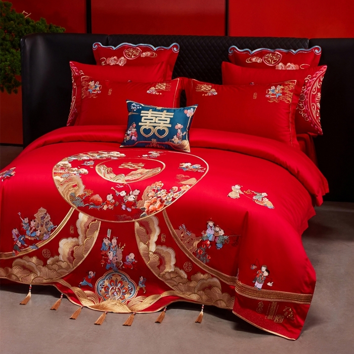 91家纺网 家纺一手货源 找家纺 红番天婚庆 （控价）2025新款全棉新中式刺绣款婚庆四件套多件套 福瑞百子