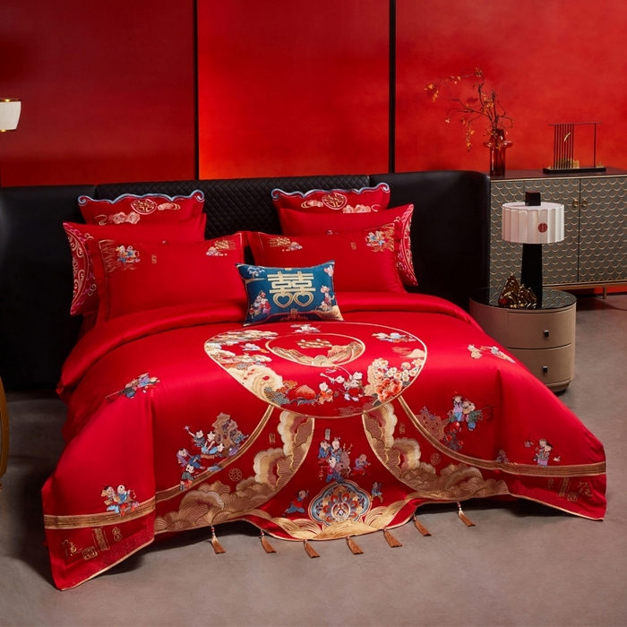 91家纺网 家纺一手货源 找家纺 红番天婚庆 （控价）2025新款全棉新中式刺绣款婚庆四件套多件套 福瑞百子