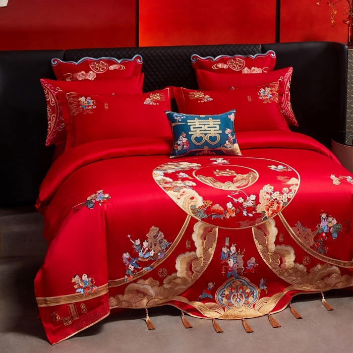 91家纺网 家纺一手货源 找家纺 红番天婚庆 （控价）2025新款全棉新中式刺绣款婚庆四件套多件套 福瑞百子